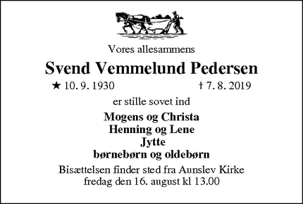 Dødsannoncen for Svend Vemmelund Pedersen - nyborg