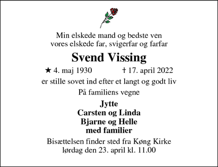 Dødsannoncen for Svend Vissing - Køng