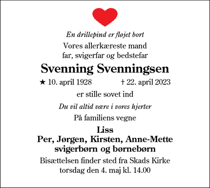 Dødsannoncen for Svenning Svenningsen - Tjæreborg