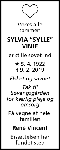 Dødsannoncen for Sylvia “Sylle” Vinje - Hvidovre