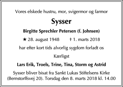 Dødsannoncen for Sysser - Gentofte