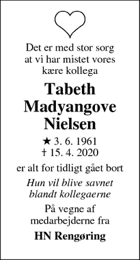 Dødsannoncen for Tabeth
Madyangove
Nielsen - Struer