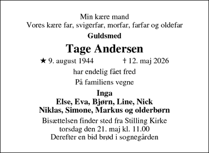 Dødsannoncen for Tage Andersen - Trige