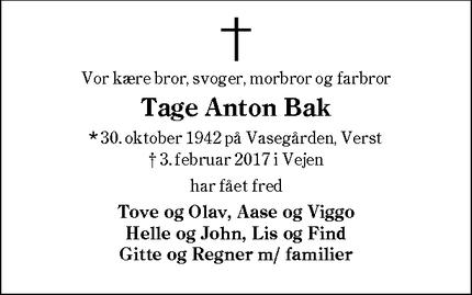Dødsannoncen for Tage Anton Bak - Vejen