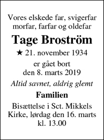 Dødsannoncen for Tage Broström - Slagelse