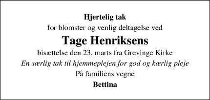 Taksigelsen for Tage Henriksens - Grevinge