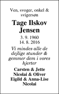 Dødsannoncen for Tage Ilskov Jensen - Esbjerg