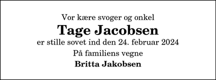 Dødsannoncen for Tage Jacobsen - Hjørring