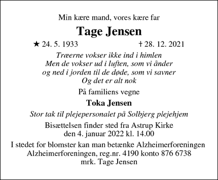 Dødsannoncen for Tage Jensen - København K