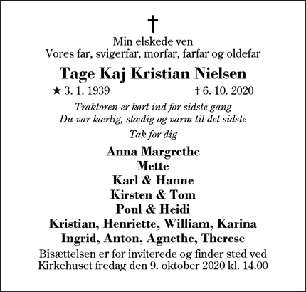 Dødsannoncen for Tage Kaj Kristian Nielsen - Simmelkær
