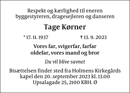 Dødsannoncen for Tage Kørner - Copenhagen NV