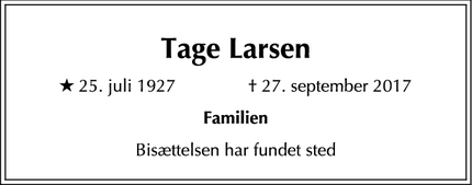 Dødsannoncen for Tage Larsen - Charlottenlund
