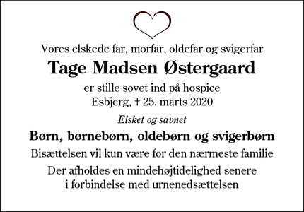 Dødsannoncen for Tage Madsen Østergaard - Esbjerg