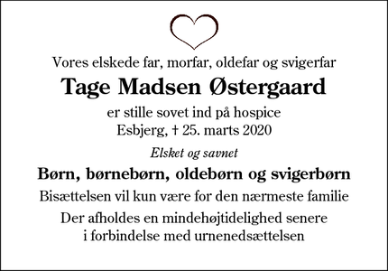 Dødsannoncen for Tage Madsen Østergaard - Esbjerg
