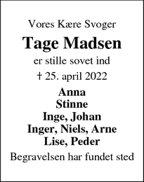 Dødsannoncen for Tage Madsen - Esbjerg