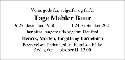 Dødsannoncen for Tage Mahler Buur - flemløse