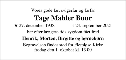 Dødsannoncen for Tage Mahler Buur - flemløse