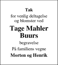 Dødsannoncen for Tage Mahler
Buurs - Glamsbjerg