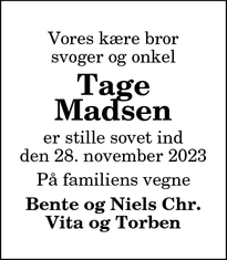 Dødsannoncen for Tage Madsen - Frederikshavn 
