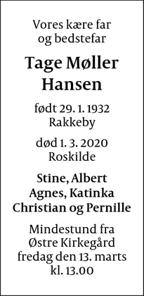 Dødsannoncen for Tage Møller Hansen - Roskilde