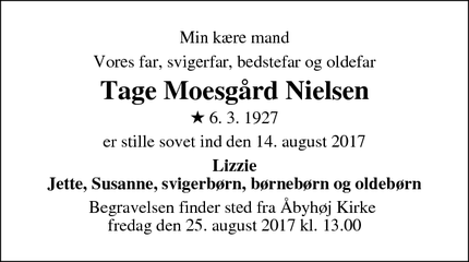 Dødsannoncen for Tage Moesgård Nielsen - Åbyhøj