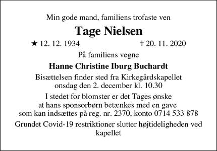 Dødsannoncen for Tage Nielsen - Odense