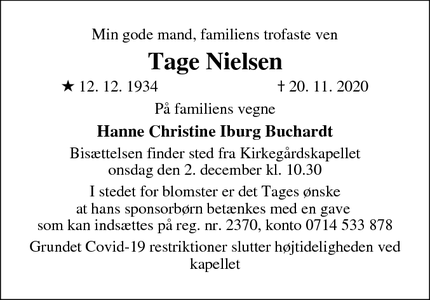 Dødsannoncen for Tage Nielsen - Odense