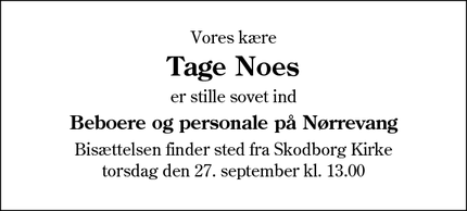 Dødsannoncen for Tage Noes - Vejen