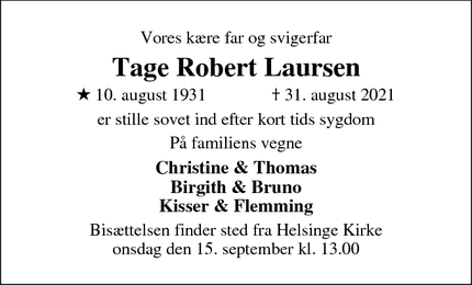 Dødsannoncen for Tage Robert Laursen - Helsinge