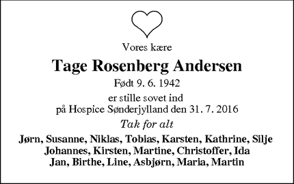 Dødsannoncen for Tage Rosenberg Andersen - Haderslev