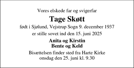 Dødsannoncen for Tage Skøtt - Kolding