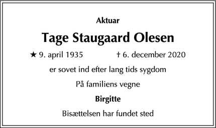 Dødsannoncen for Tage Staugaard Olesen - Farum