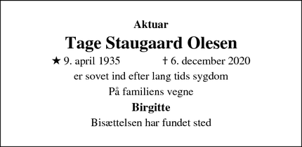 Dødsannoncen for Tage Staugaard Olesen - Farum
