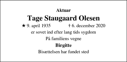 Dødsannoncen for Tage Staugaard Olesen - Farum