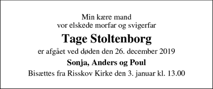 Dødsannoncen for Tage Stoltenborg - Risskov