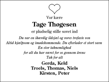 Dødsannoncen for Tage Thøgesen - Vojens