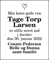Dødsannoncen for Tage Torp
Larsen - Jerslev