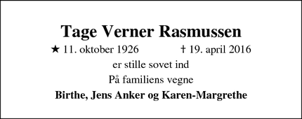 Dødsannoncen for Tage Verner Rasmussen - Rødovre