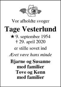 Dødsannoncen for Tage Vesterlund - Holstebro
