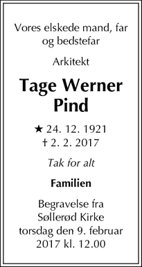 Dødsannoncen for Tage Werner Pind - Holte