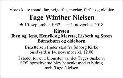 Dødsannoncen for Tage Winther Nielsen - Hellerup