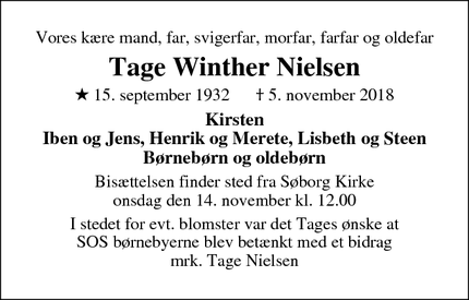 Dødsannoncen for Tage Winther Nielsen - Hellerup