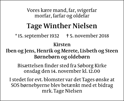 Dødsannoncen for Tage Winther Nielsen - Hellerup