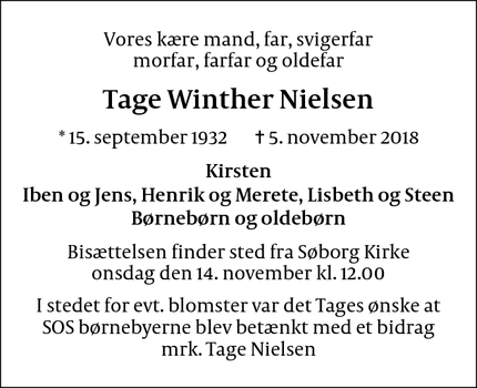 Dødsannoncen for Tage Winther Nielsen - Hellerup