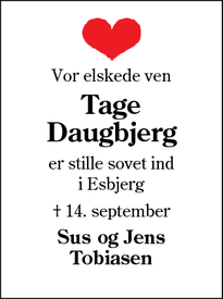 Dødsannoncen for Tage
Daugbjerg - Esbjerg 