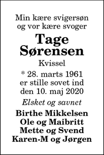 Dødsannoncen for Tage
Sørensen - FUR