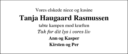 Dødsannoncen for Tanja Haugaard Rasmussen  - Skanderborg