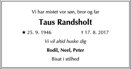 Dødsannoncen for Taus Randsholt - Copenhague