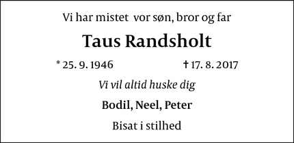 Dødsannoncen for Taus Randsholt - Copenhague