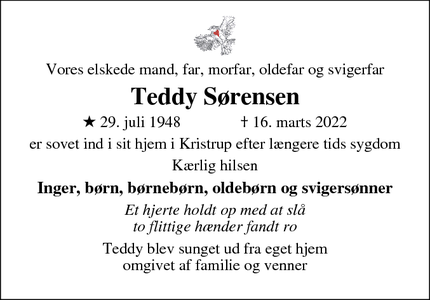 Dødsannoncen for Teddy Sørensen - Låsby